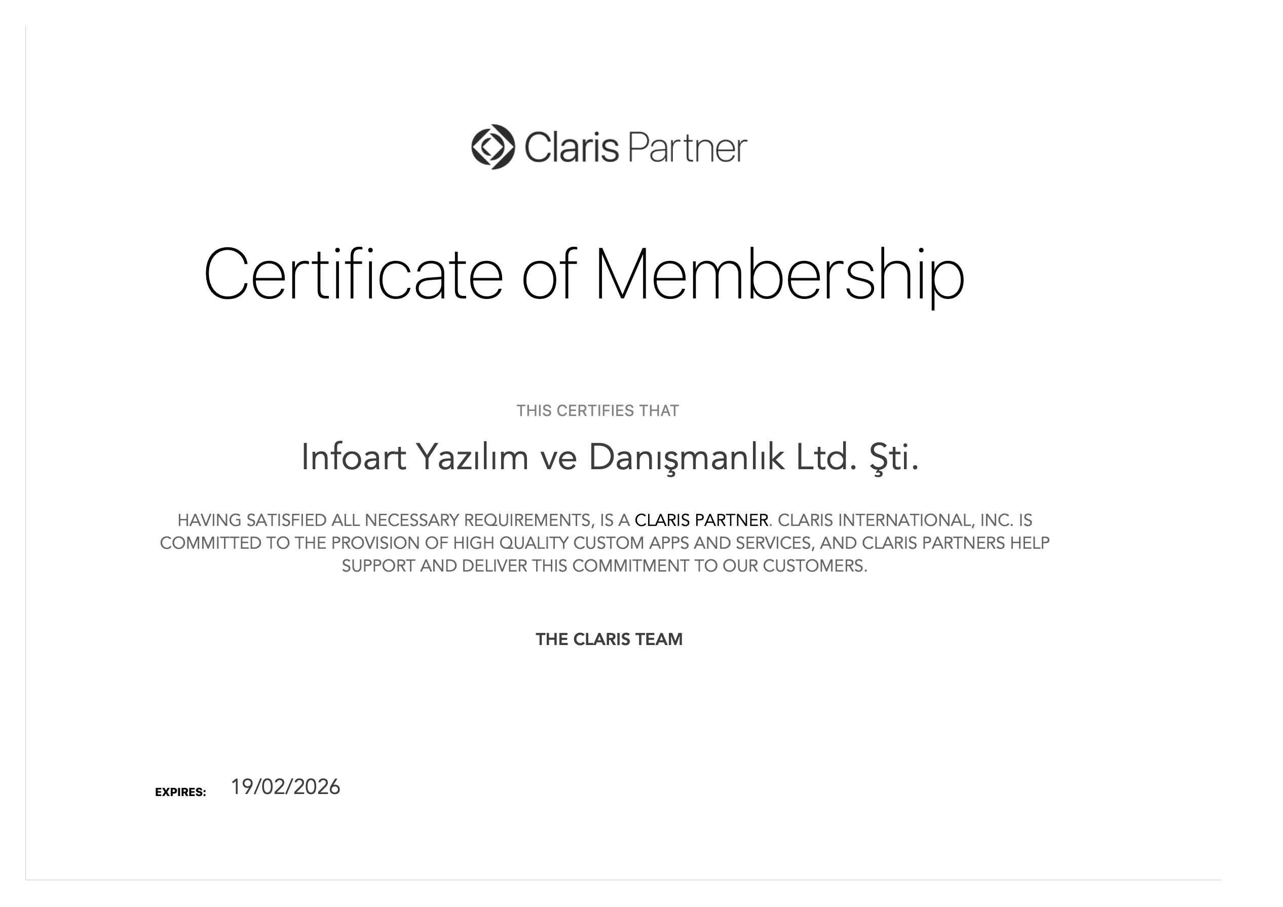Claris Partner Certificate of Membership