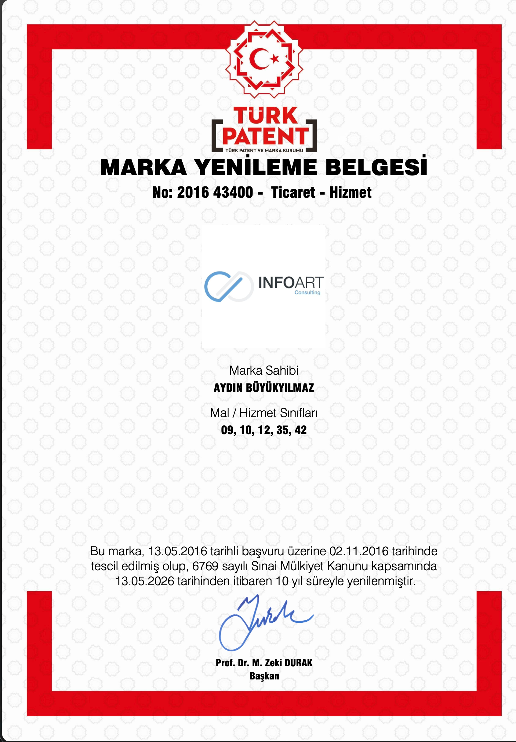 INFOART Marka Tescil Belgesi